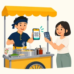 แม่ค้าแผงลอยใช้มือถือเครื่องเดียวรับออเดอร์และแสดง QR รับเงิน