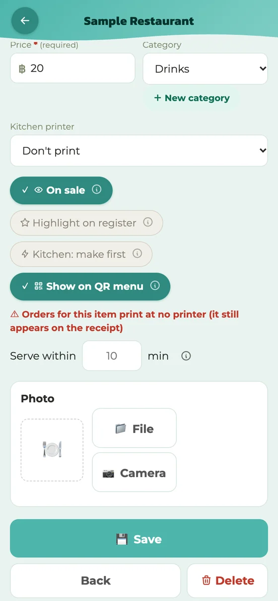 The menu item screen with "Don't print" chosen under "Kitchen printer" and the red line that says orders for this item print at no printer
