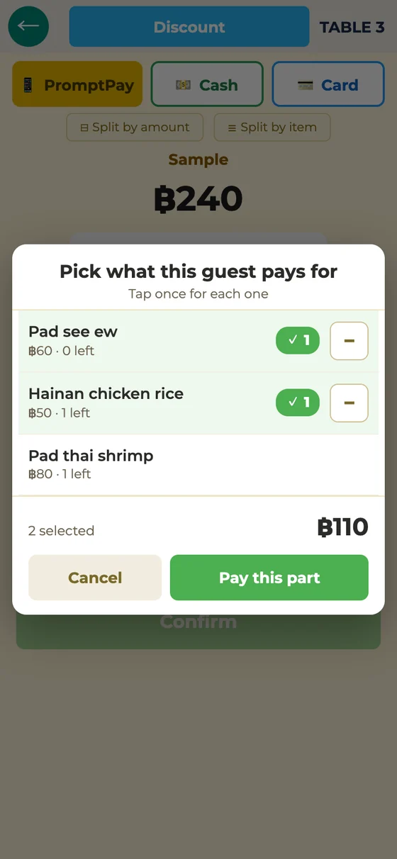 The "Pick what this guest pays for" window with two items picked and the "Pay this part" button