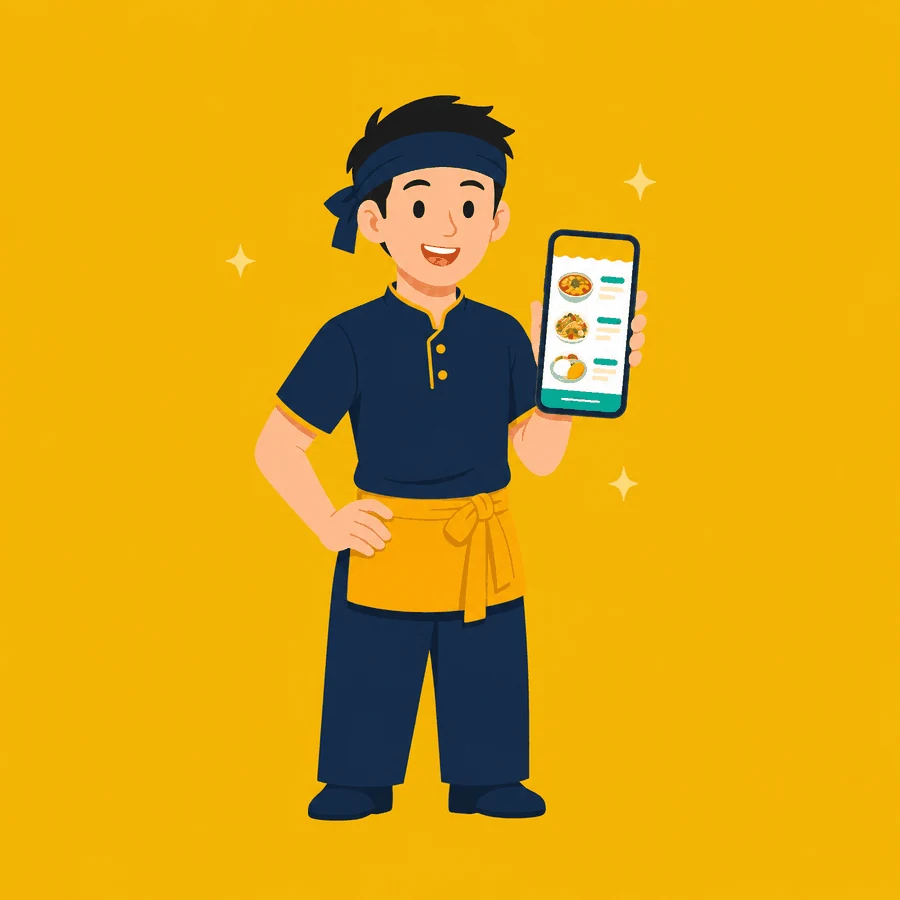 พนักงานร้านอาหารโชว์มือถือที่เป็นเครื่องคิดเงิน