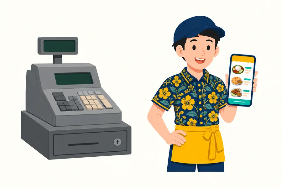 Peranti POS khas · telefon yang sedia ada di kedai anda
