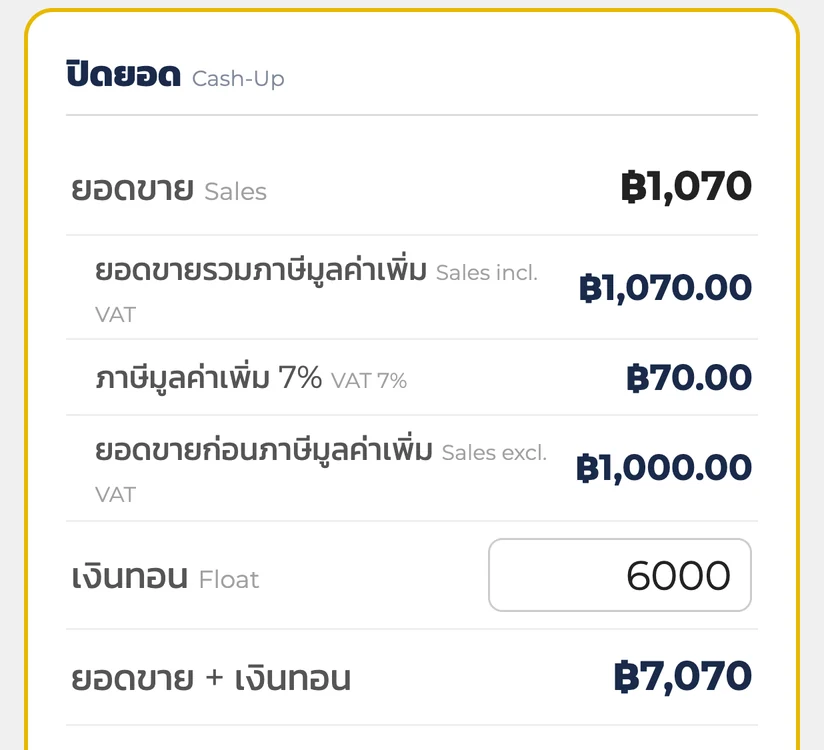 หน้าปิดยอดของวันตัวอย่าง ยอดขาย 1,070 บาท ใต้นั้นมี ยอดขายรวมภาษีมูลค่าเพิ่ม 1,070.00 ภาษีมูลค่าเพิ่ม 7% 70.00 ยอดขายก่อนภาษีมูลค่าเพิ่ม 1,000.00 แล้วเป็นเงินทอน 6000 กับยอดขาย + เงินทอน 7,070 บาท