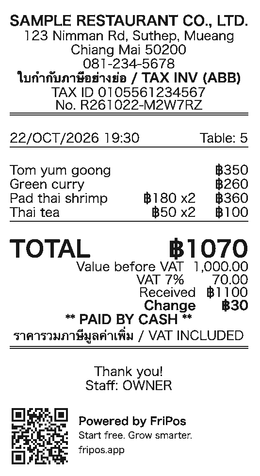 ใบเสร็จของบิลตัวอย่าง 1,070 บาท จ่ายเงินสด ด้านบนมี TAX INV (ABB) เลขผู้เสียภาษี และเลขที่ใบเสร็จ ใต้ TOTAL มี Value before VAT 1,000.00 กับ VAT 7% 70.00